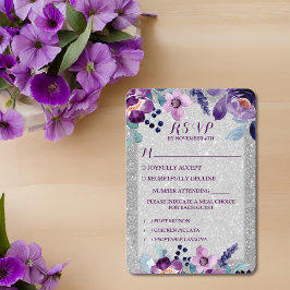 Paarse Waterverf Bloemen & Zilveren Glitter Bruilo RSVP Kaartje