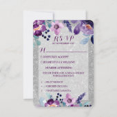 Paarse Waterverf Bloemen & Zilveren Glitter Bruilo RSVP Kaartje (Voorkant)