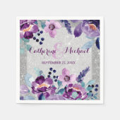 Paarse Waterverf Bloemen & Zilveren Glitter Bruilo Servet (Voorkant)