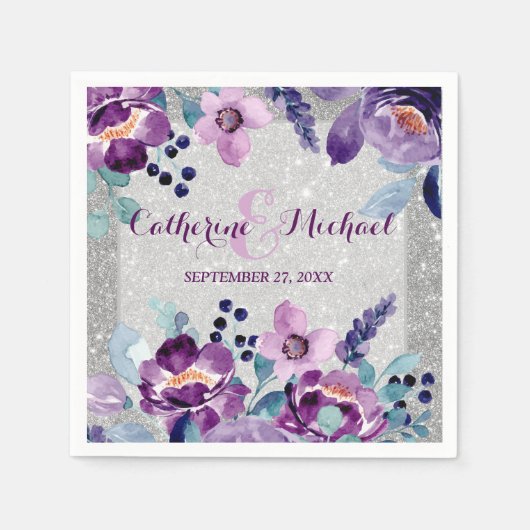 Paarse Waterverf Bloemen & Zilveren Glitter Bruilo Servet (Voorkant)