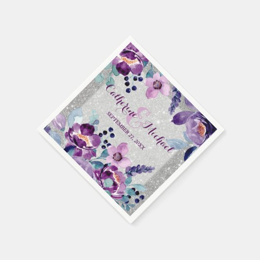 Paarse Waterverf Bloemen & Zilveren Glitter Bruilo Servet (Hoek)
