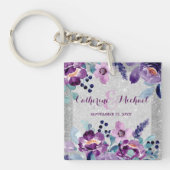 Paarse Waterverf Bloemen & Zilveren Glitter Bruilo Sleutelhanger (Voorkant)