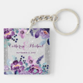 Paarse Waterverf Bloemen & Zilveren Glitter Bruilo Sleutelhanger (Achterkant)