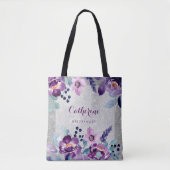 Paarse Waterverf Bloemen & Zilveren Glitter Bruilo Tote Bag (Voorkant)
