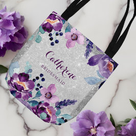 Paarse Waterverf Bloemen & Zilveren Glitter Bruilo Tote Bag