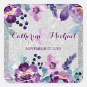 Paarse Waterverf Bloemen & Zilveren Glitter Bruilo Vierkante Sticker (Voorkant)