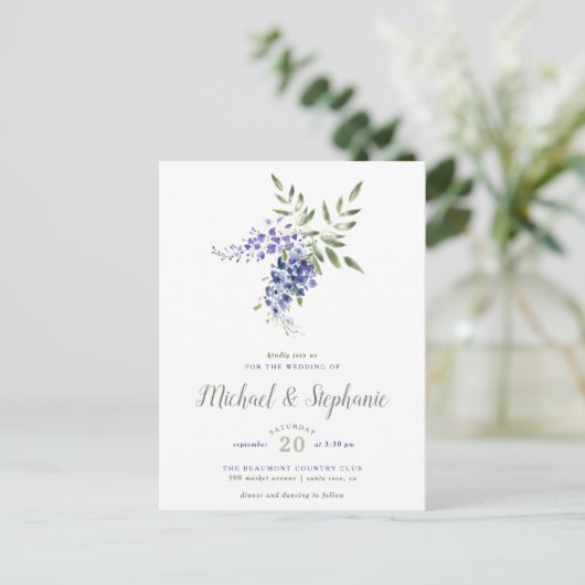 Paarse Waterverf bloemenboeket bruiloft Uitnodiging Briefkaart (Staand voorkant)