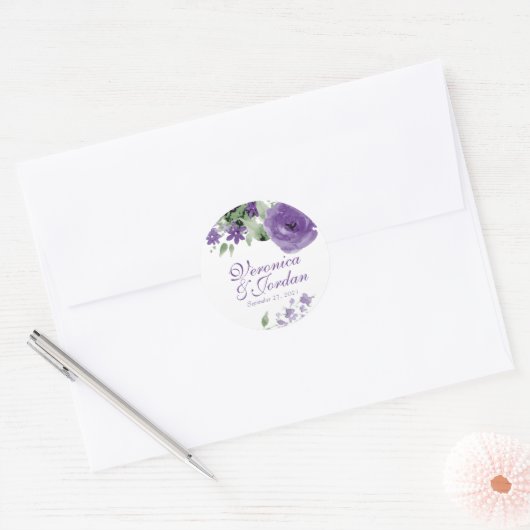 Paarse Waterverf bloemenbruiloft stickers (Envelop)