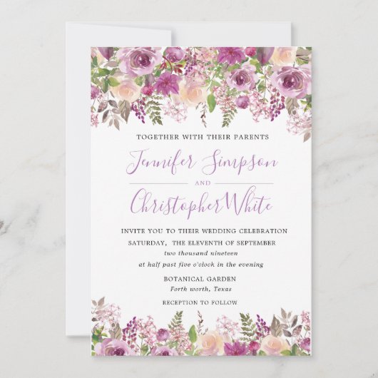 Paarse Waterverf bloemenbruiloft uitnodiging Kaart (Voorkant)