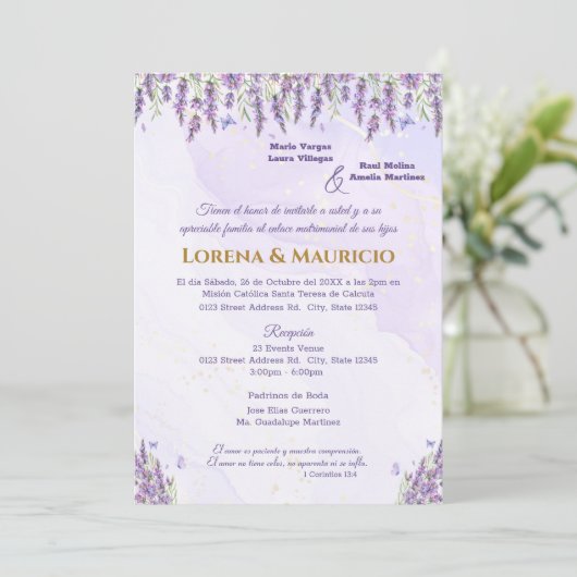 Paarse Waterverf bloemenbruiloft uitnodigingen (Staand voorkant)