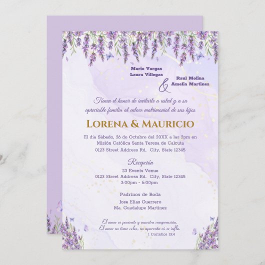 Paarse Waterverf bloemenbruiloft uitnodigingen (Voorkant / Achterkant)