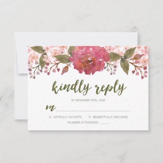 Paarse Waterverf bloemenbruiloft vriendelijk antwo RSVP Kaartje (Voorkant)