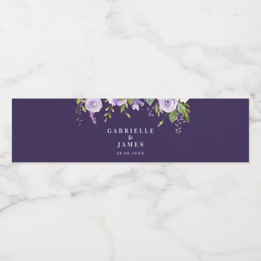 paarse waterverf bloemenbruiloft waterfles etiket (Enkel label)
