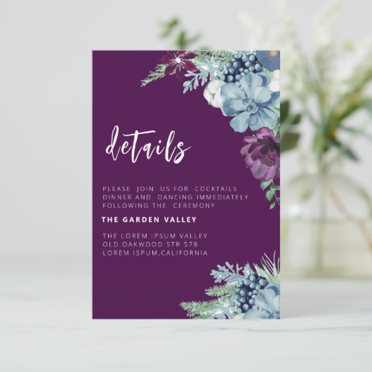 Paarse waterverf bloemenelegante bruiloft informatiekaartje (Staand voorkant)