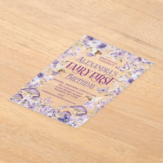 Paarse Waterverf Bloemenfee Eerste Verjaardag Acryl Uitnodigingen (Laagn)