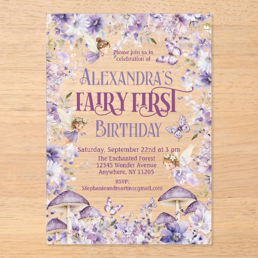 Paarse Waterverf Bloemenfee Eerste Verjaardag Acryl Uitnodigingen (Voorkant)