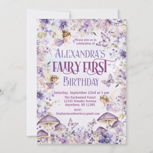 Paarse Waterverf Bloemenfee Eerste Verjaardag Kaart (Voorkant)