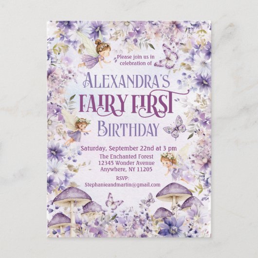 Paarse Waterverf Bloemenfee Eerste Verjaardag Uitnodiging Briefkaart (Voorkant)