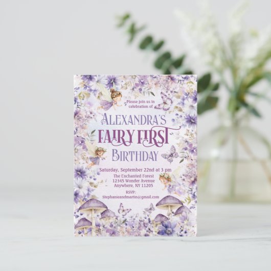 Paarse Waterverf Bloemenfee Eerste Verjaardag Uitnodiging Briefkaart (Staand voorkant)