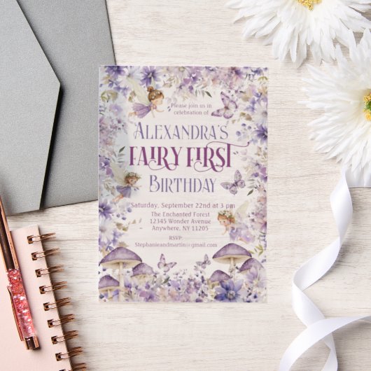 Paarse Waterverf Bloemenfee Eerste Verjaardag Vellum Uitnodigingen (Huwelijk)