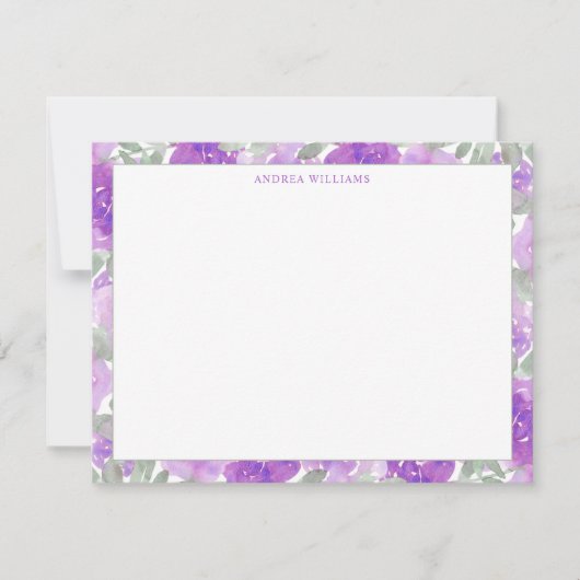 Paarse Waterverf Bloemengrens gepersonaliseerd Notitiekaartje (Voorkant)