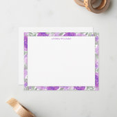 Paarse Waterverf Bloemengrens gepersonaliseerd Notitiekaartje (Voorkant / Achterkant in situ)