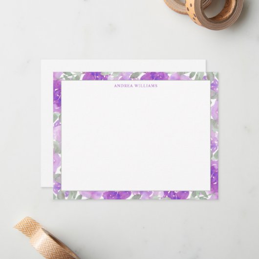 Paarse Waterverf Bloemengrens gepersonaliseerd Notitiekaartje (Voorkant / Achterkant in situ)