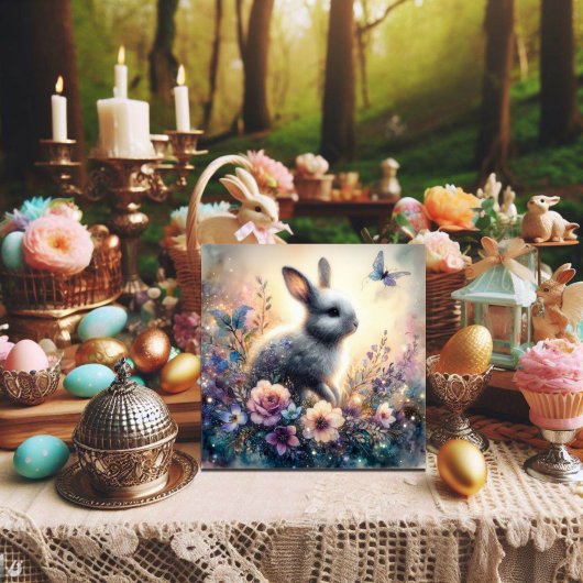 Paarse Waterverf bloemenkonijn Christelijk Pasen Feestdagenkaart