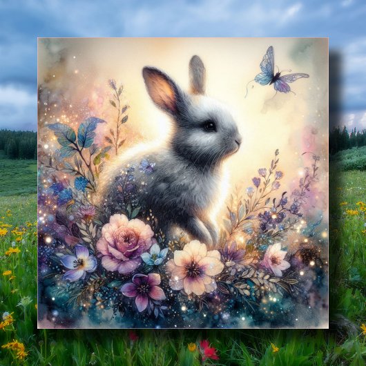 Paarse Waterverf bloemenkonijn Christelijk Pasen Feestdagenkaart