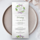 Paarse Waterverf Bloemenkrans Foto bruiloft Drieluik Uitnodiging