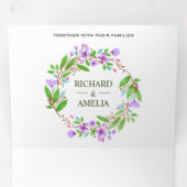 Paarse Waterverf Bloemenkrans Foto bruiloft Drieluik Uitnodiging (Binnenzijde eerst)