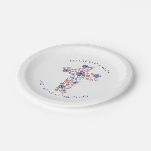 Paarse Waterverf bloemenkruis eerste communie Papieren Bordje (Gekanteld)