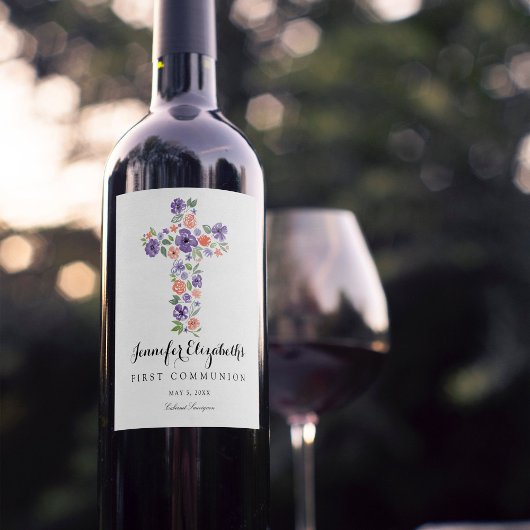 Paarse Waterverf bloemenkruis eerste communie Wijn Etiket