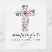 Paarse Waterverf bloemenkruis eerste communie Wijn Etiket (Enkel label)