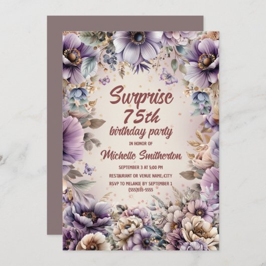 Paarse Waterverf Bloemenvlinders Verrassing 75e Kaart (Voorkant / Achterkant)