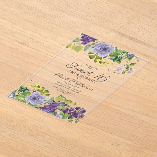 Paarse Waterverf Bloemenwijnstokken zoet 16 Acryl Uitnodigingen (Laagn)