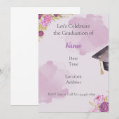 Paarse Waterverf bloemig Afstuderen uitnodigen Kaart (Voorkant / Achterkant)