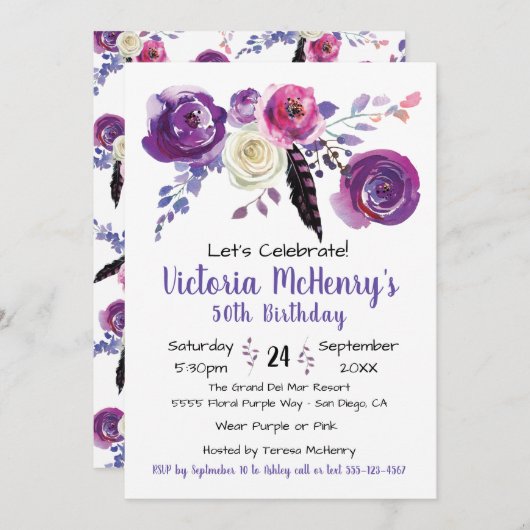 Paarse waterverf Bloemige Boho Verjaardagsfeest Kaart (Voorkant / Achterkant)