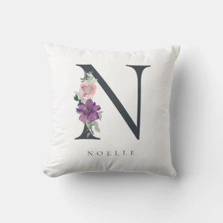 Paarse Waterverf bloemletter N Monogram Kussen