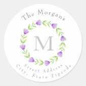 Paarse Waterverf Bloemstammenschaarlabels Ronde Sticker (Voorkant)