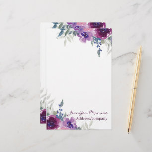 Paarse waterverf bloemstuk gepersonaliseerd briefpapier