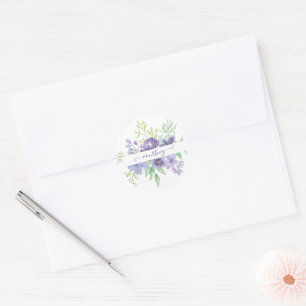 Paarse waterverf bloemstuk gepersonaliseerd ronde sticker
