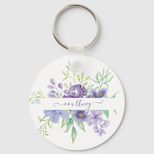 Paarse waterverf bloemstuk gepersonaliseerd  sleutelhanger (Voorkant)
