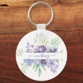 Paarse waterverf bloemstuk gepersonaliseerd  sleutelhanger (Voorkant)
