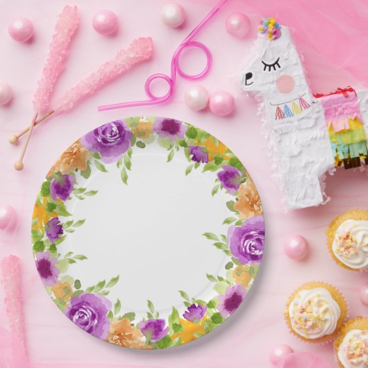 Paarse Waterverf Blooms Floral bruiloft Papieren Bordje (Feest)