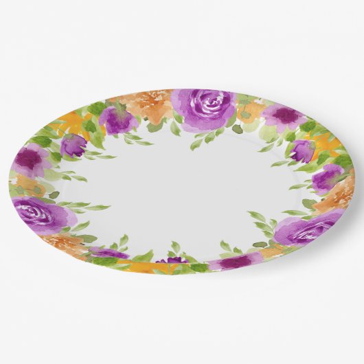 Paarse Waterverf Blooms Floral bruiloft Papieren Bordje (Gekanteld)