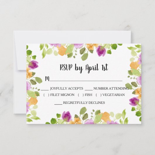 Paarse Waterverf Blooms Weddenschap RSVP Kaartje (Voorkant)