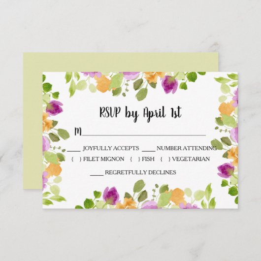 Paarse Waterverf Blooms Weddenschap RSVP Kaartje (Voorkant / Achterkant)