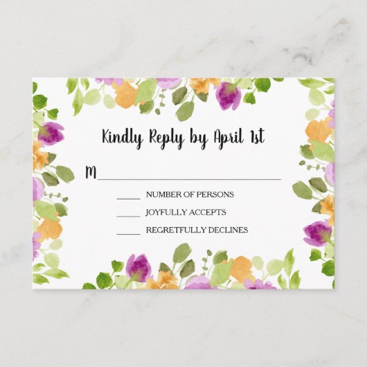 Paarse Waterverf Blooms Weddenschappen Informatiekaartje (Voorkant)
