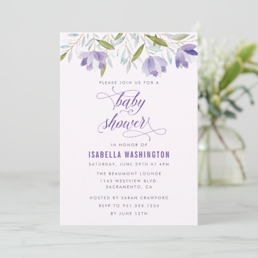 Paarse Waterverf Blowers Baby shower Uitnodiging (Staand voorkant)